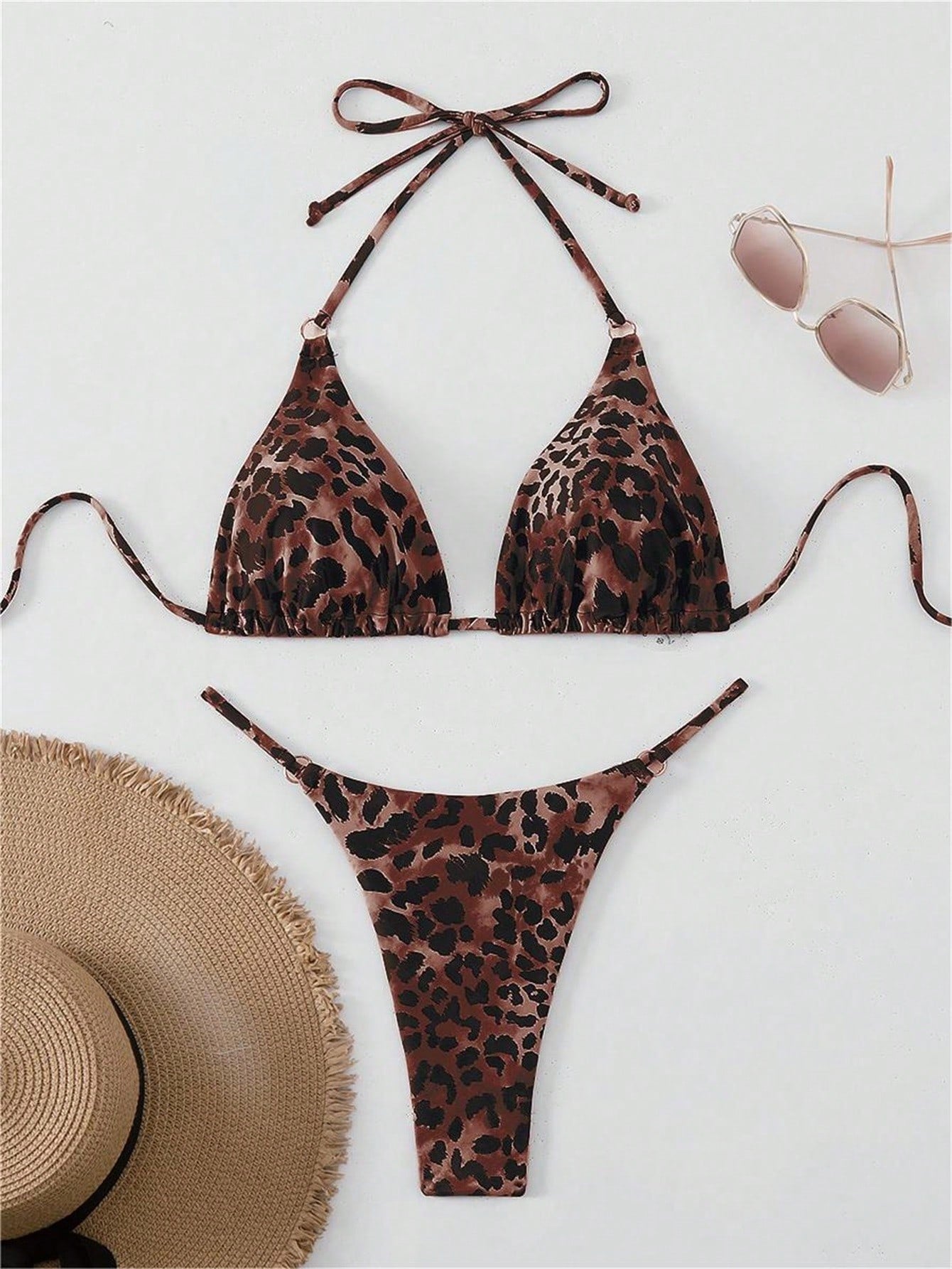 Swim Women's Summer Beach Leopard & Zebra Printed Halter Tie Sexy Two-Piece Bikini Set, Random Print