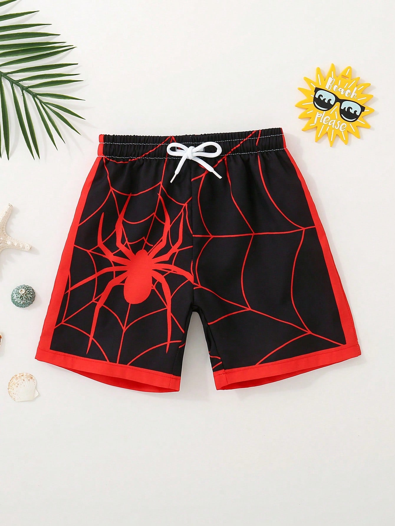 Young Boy Beach Holiday Spider & Letter Print Drawstring Waist Swimwear Shorts