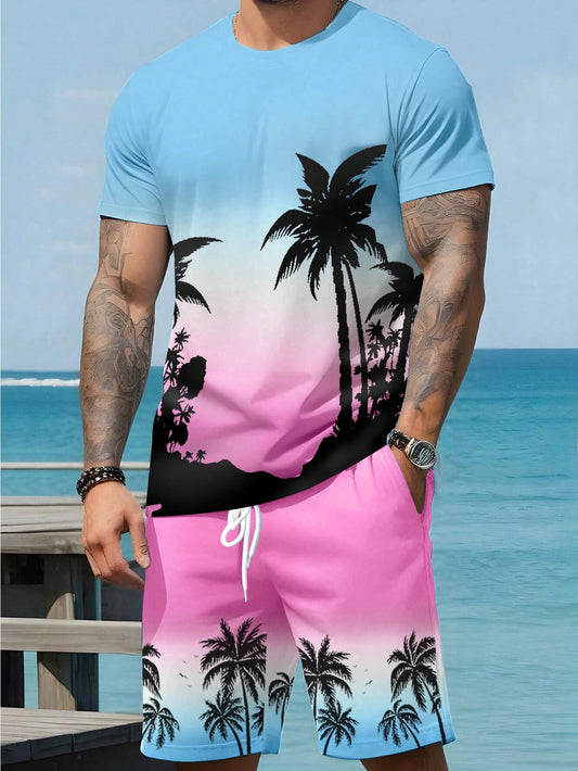 Men's Plus Size Palm Tree Printed Short Sleeve Casual T-Shirt With Drawstring Waist Shorts, Summer Vacation