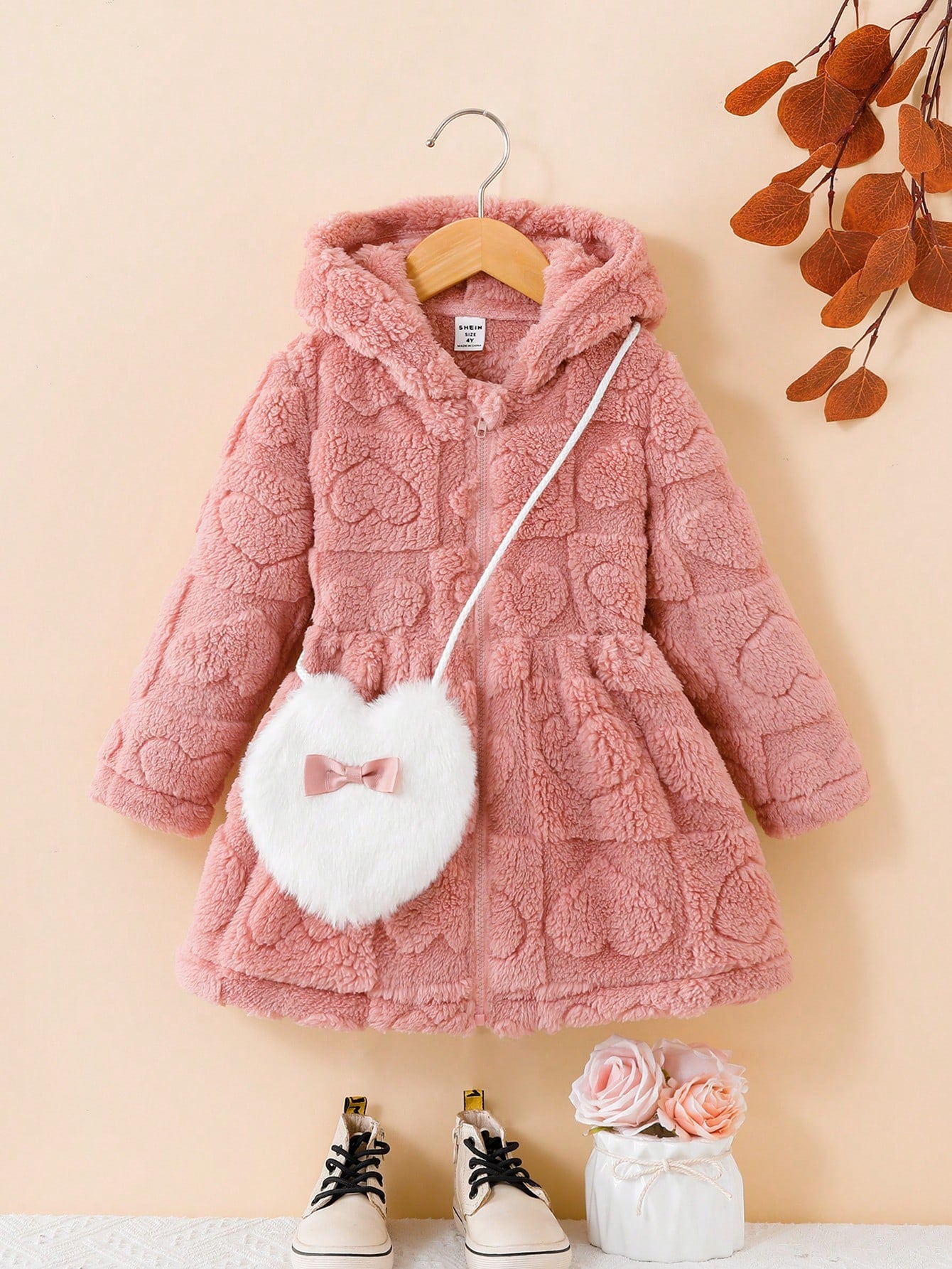 Young Girl Pink Heart Shaped Plush Zipper Hooded Jacket With Coordinated Bag Detailing