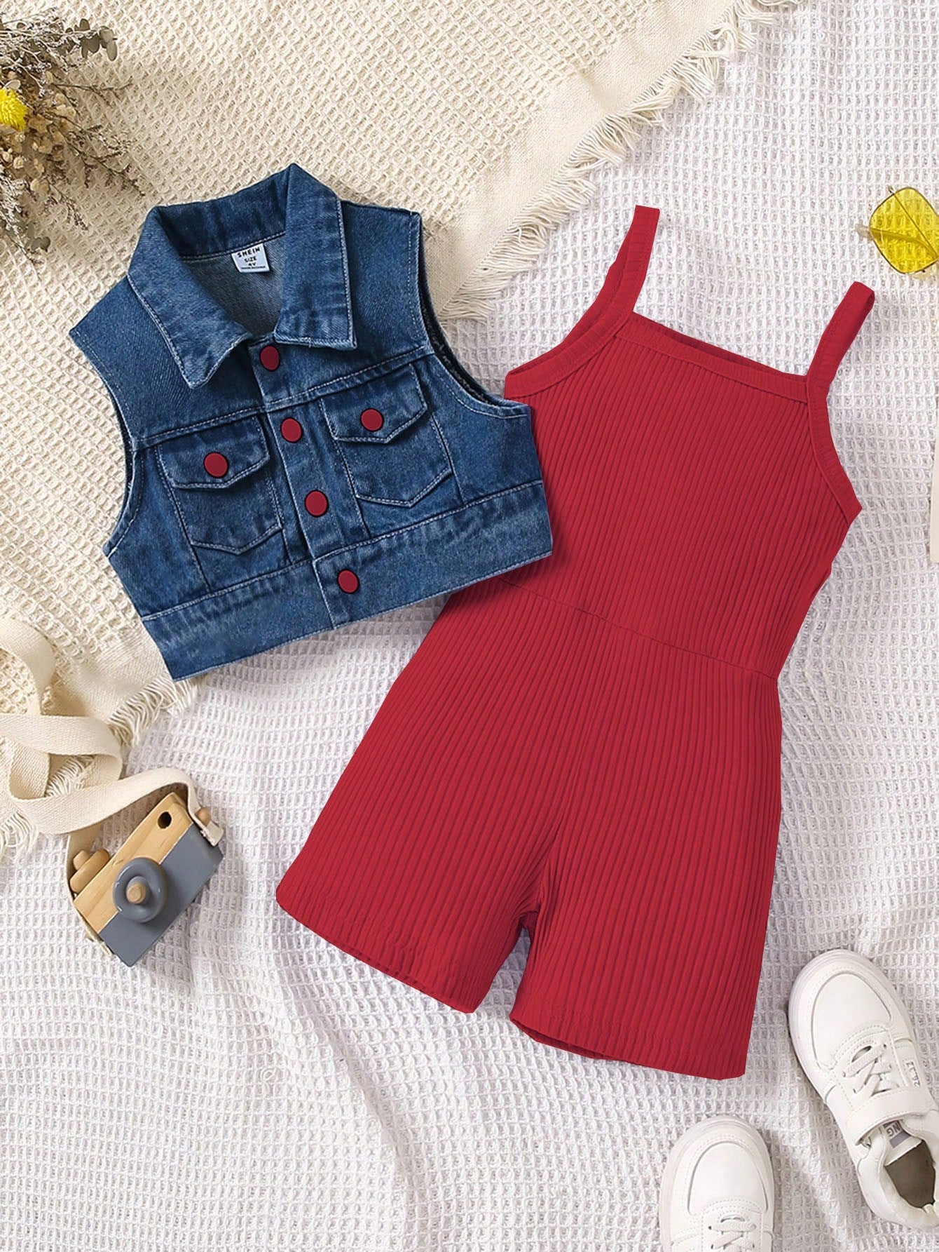 Young Girl Cami Romper & Flap Pocket Button Front Shirt