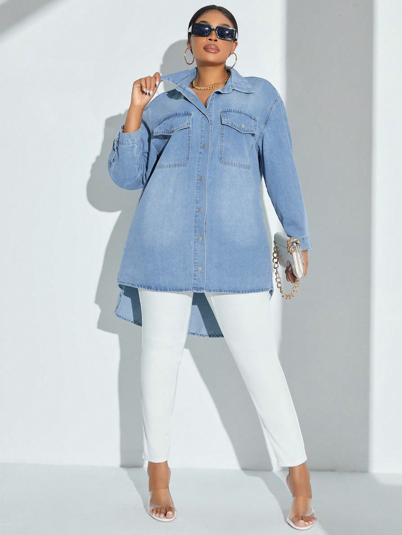 Plus Size Loose-Fit Denim Top Without Stretch, Versatile