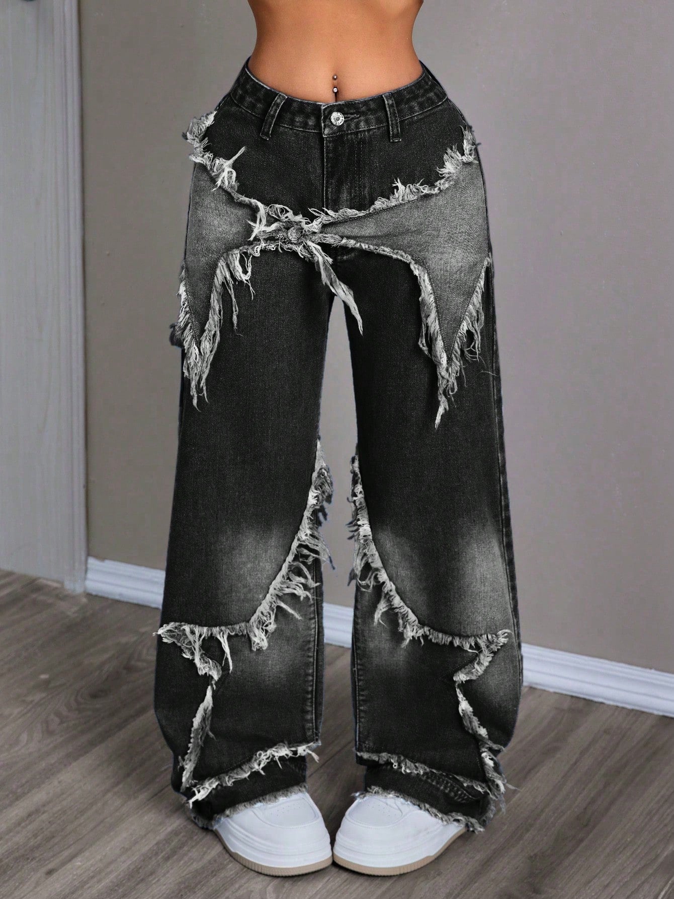 Women's Patchwork Fringe Wide Leg Loose Casual Denim Pants