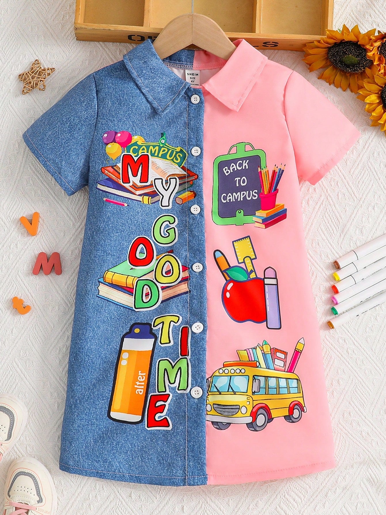 Young Girl Short Sleeve Two-Tone Printed Shirt Dress With Single Row Button, Spring/Summer