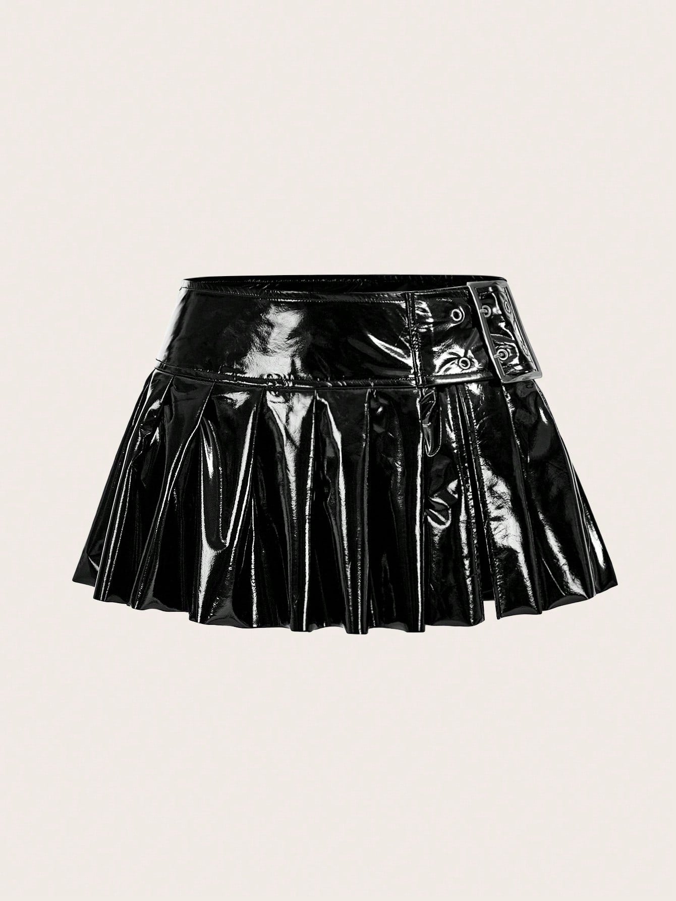 Solid Buckle Detail Pleated Skirt