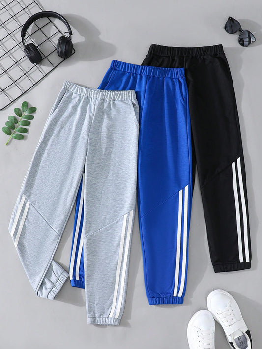 3pcs/Set Solid Color Casual Pants For Teenage Boys Comfortable And Versatile With Pockets, Weaved Edges & Elastic Waistband