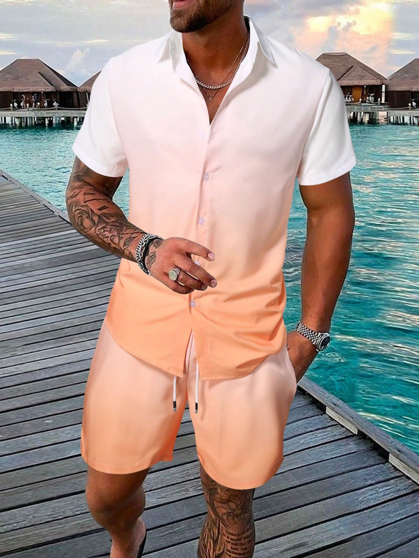 Men Ombre Shirt & Drawstring Waist Shorts