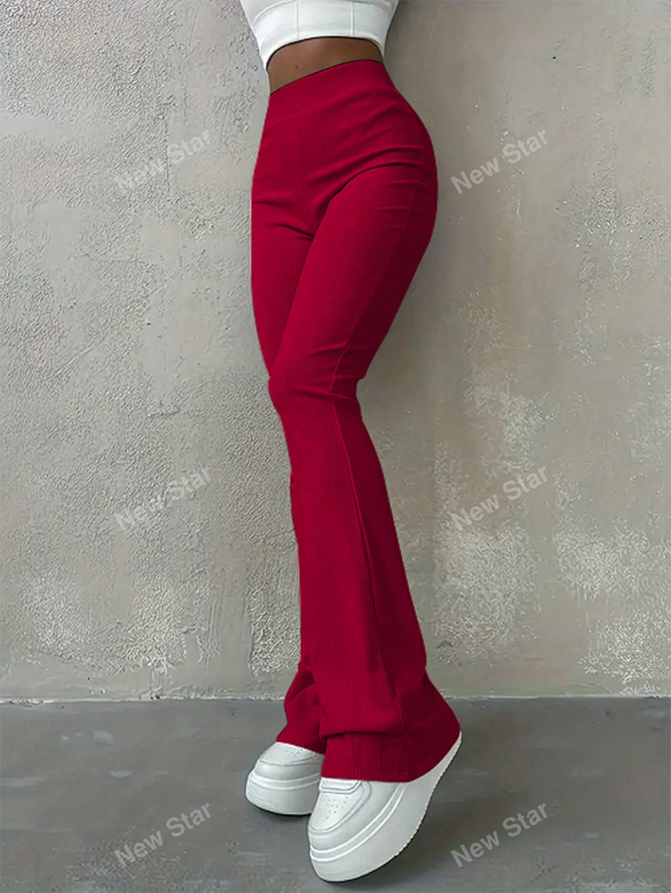 Solid Color Ribbed Knit Flared Pants