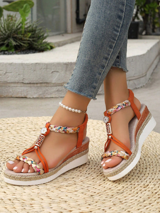 Women's Plus Size Striped Buckle Decorated Beach Outdoor Bohemian Style Color Block Lightweight Jute Rope Elegant Wedge Platform Sandals