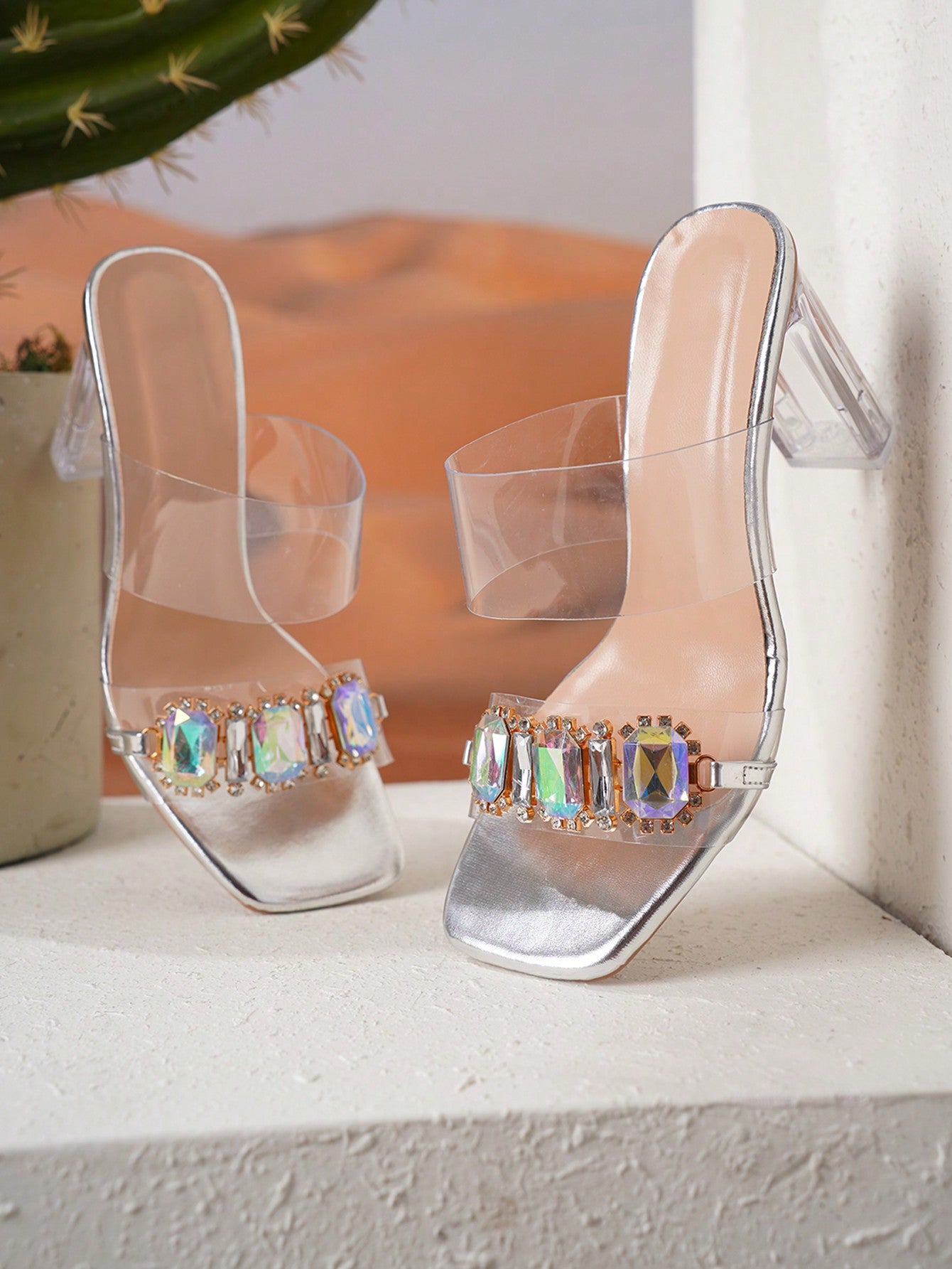 2024 New Summer Apricot Transparent Strap Crystal Thick Heels Elegant High Heeled Sandals, Suitable For Banquet And Party, Women Fashion