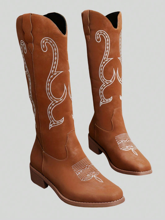 Fairycore Women's Brown Embroidered Western Boots With Medium Heel, Vintage Rider Boots, V-Cut Mid-Calf Boots, Summer