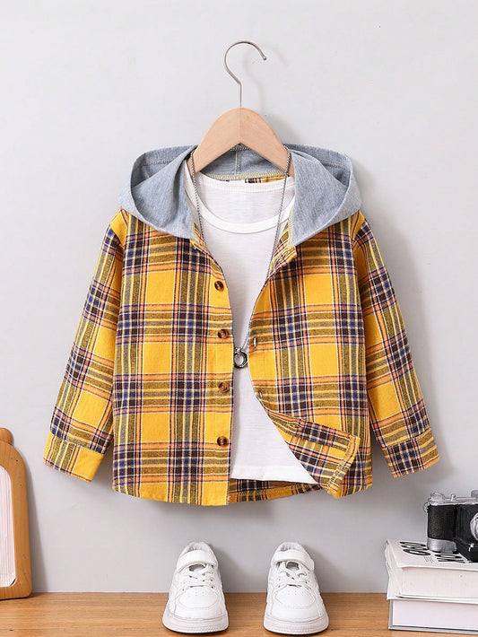 Boys' Hooded Retro American College Style Patchwork Plaid Casual Jacket With Long Sleeve Shirt Lining, Ideal For Vacation