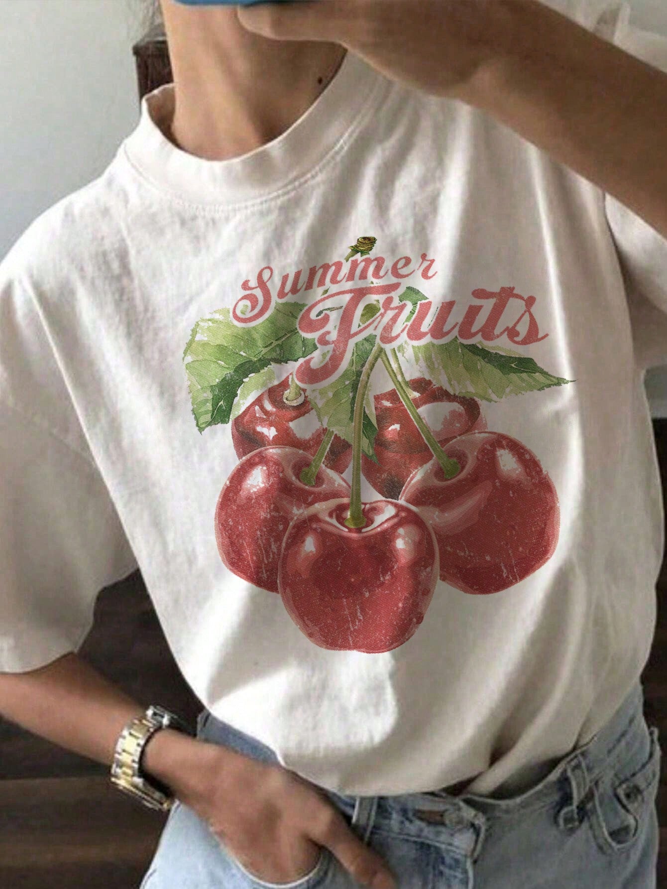 Oversized Cherry Print White Round Neck Short Sleeve T-Shirt, Casual And Simple, Super Loose Fit, Summer Women's Shirt