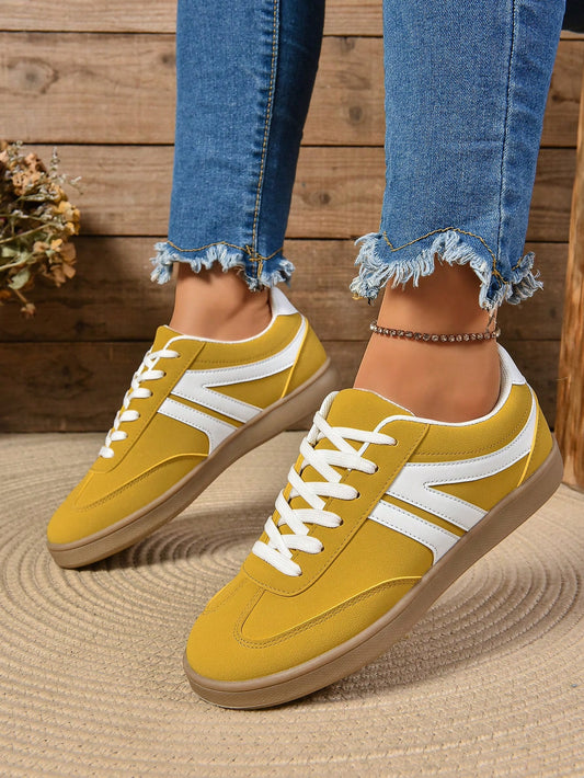 Women's Casual Sports Shoes, Women's Yellow Wedge Sneakers, Women's Lace-Up Flat Shoes, Women's All-Season Round-Toe Rubber Sole Campus Shoes, Easy-Matching