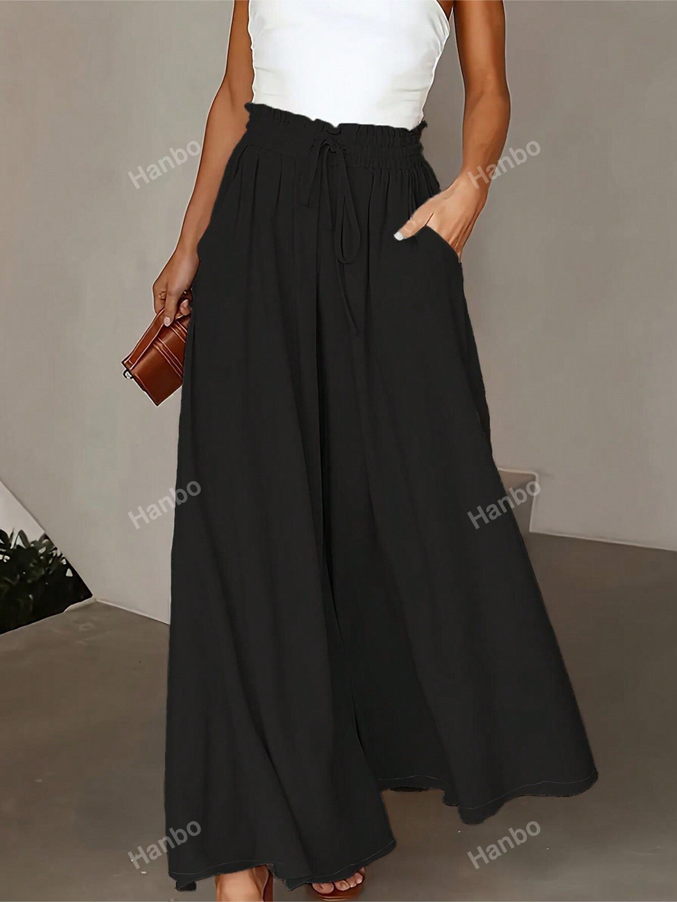Paperbag Waist Slant Pocket Wide Leg Pants