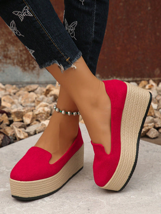 Women's Simple Solid Color Slip-Resistant Wedge Heel Single Foot Woven Sandals, Spring And Summer New Style, Red Thick-Bottomed Shoe With Waterproof Platform And Daily Outdoor Wear