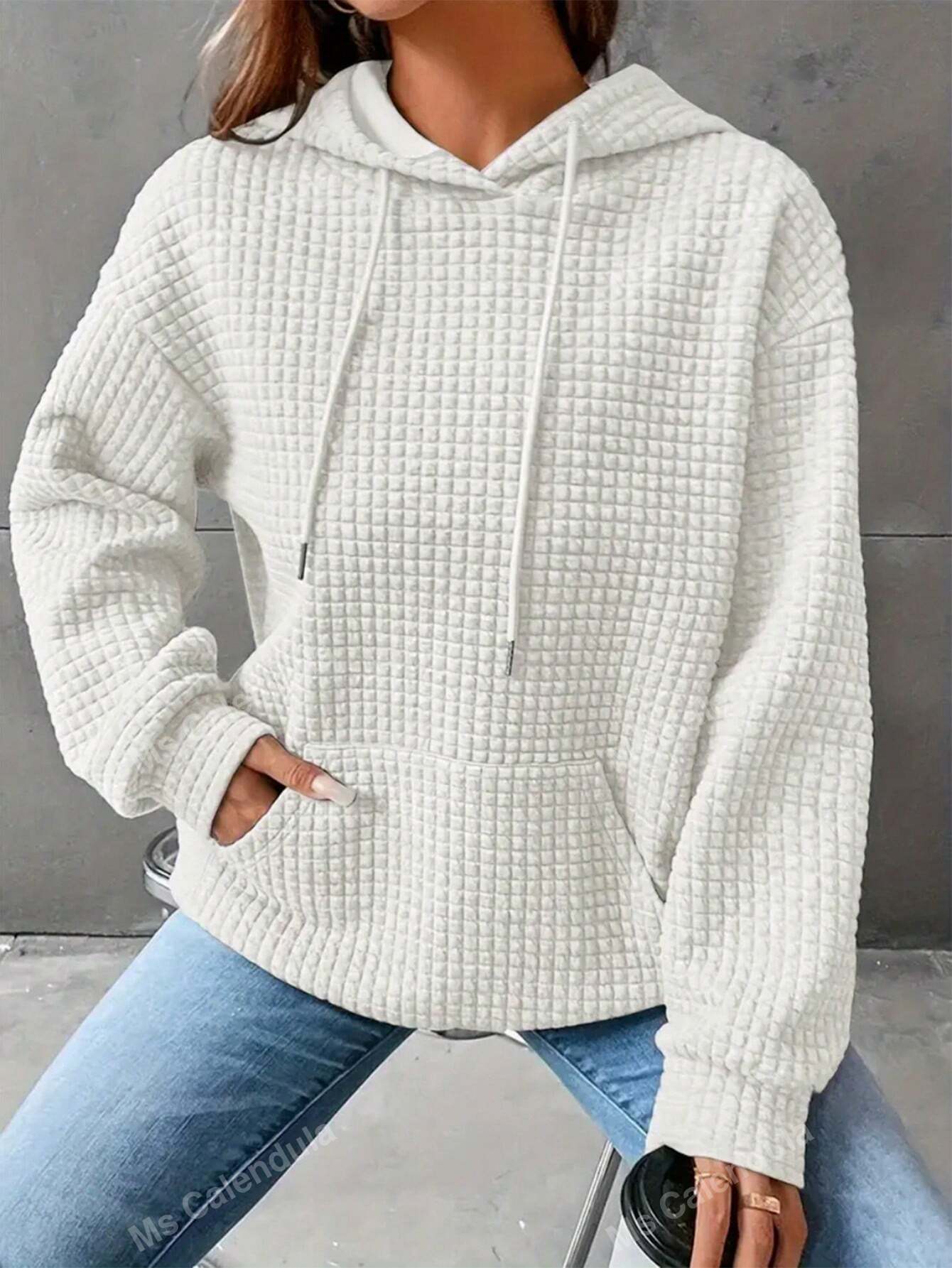 Plus Size Women's Loose Fit Pullover Hoodie With Long Sleeve And Patchwork Waffle Grid Design For Commuting