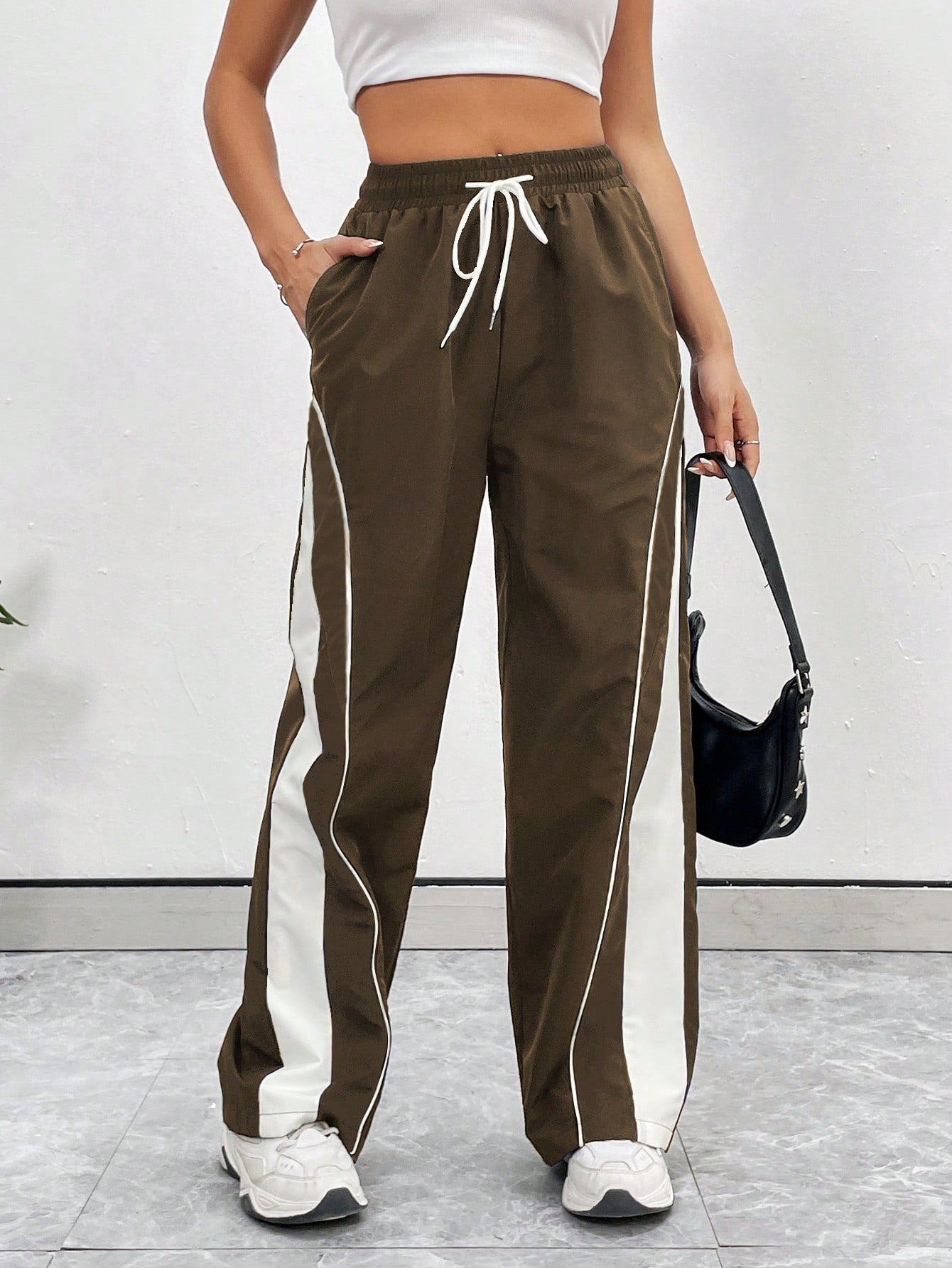 Women's Drawstring Waist Two-Tone Casual Sports Pants With Side Pockets