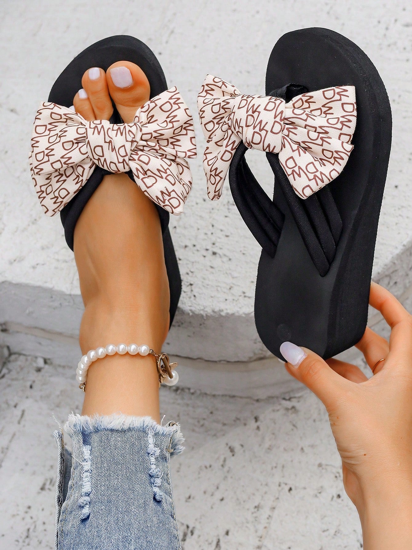 Fashionable Bowknot Slipper Sandals For Women, Summer, High Heels, Non-Slip Thick Sole, Flip-Flops, Beach, Resort