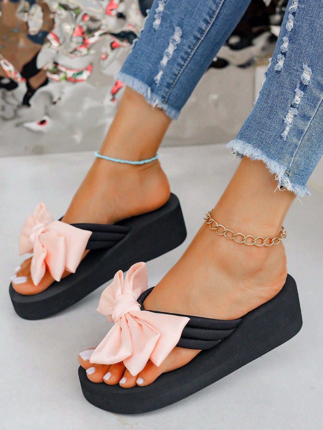 Fashionable Bowknot Slipper Sandals For Women, Summer, High Heels, Non-Slip Thick Sole, Flip-Flops, Beach, Resort