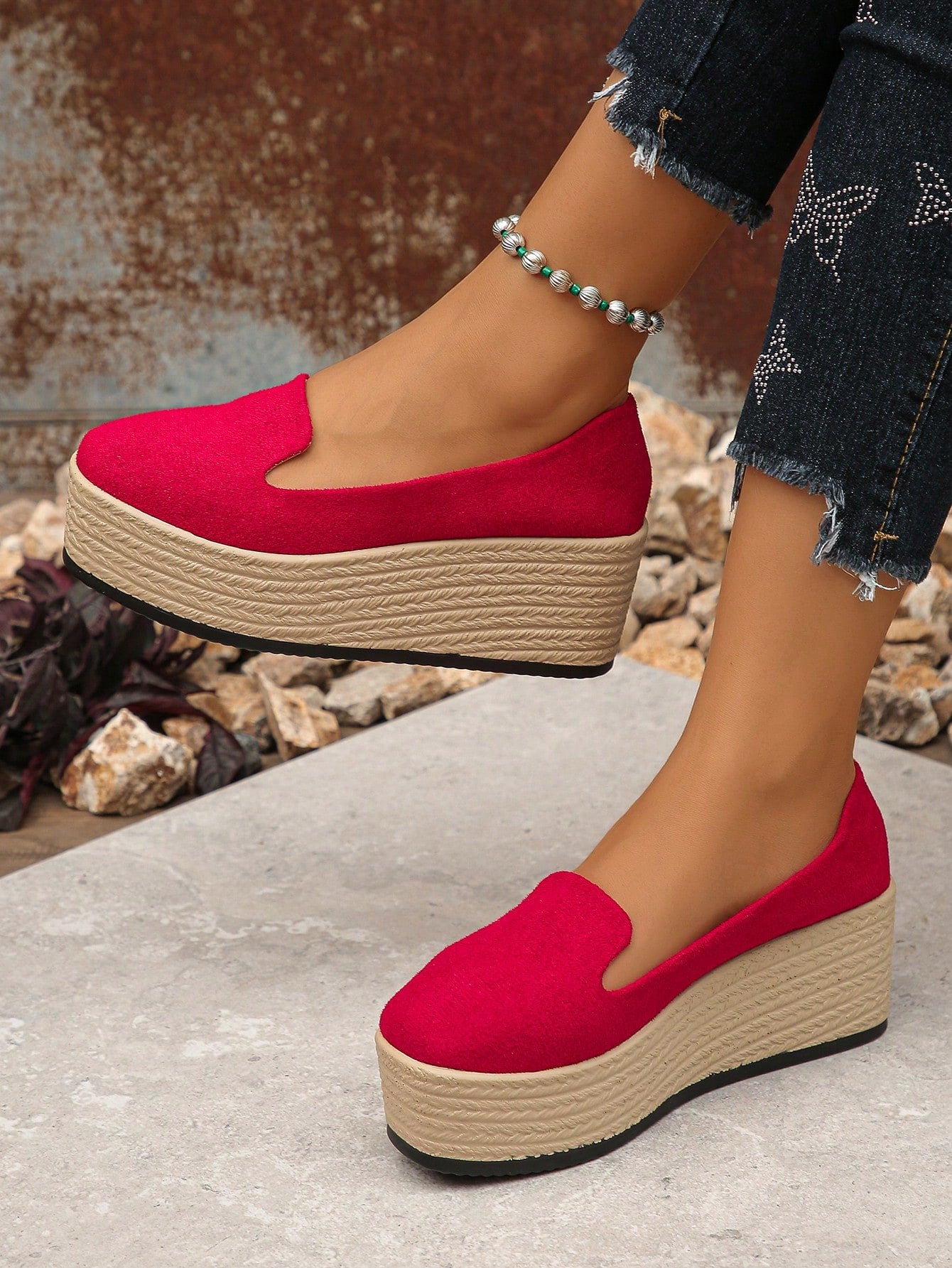 Plus Size 35-42 New Spring Autumn Casual Brown Wedge Heel Shoes, Outdoor Waterproof Platform Women's Suede Wedge Heel & Thick Sole Shoes With Woven Straw