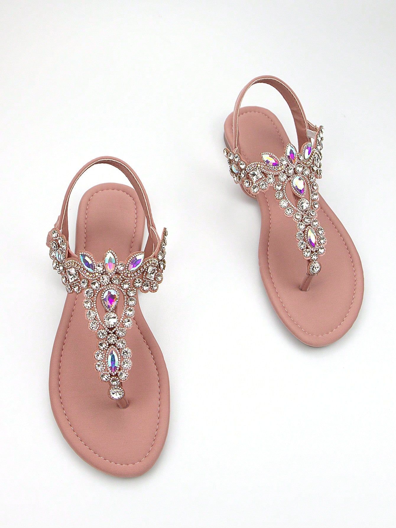 Women Rhinestone Decor Ankle Strap Thong Sandals, Glamorous Summer Flat Sandals