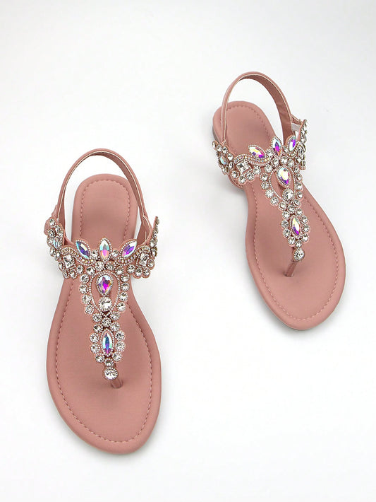 Ladies' Gorgeous Rhinestone Decorated Pink Lycra Fabric Toe-Clip Ankle Strap Round Toe Comfortable Flat Sandals For Daily & Party Wear