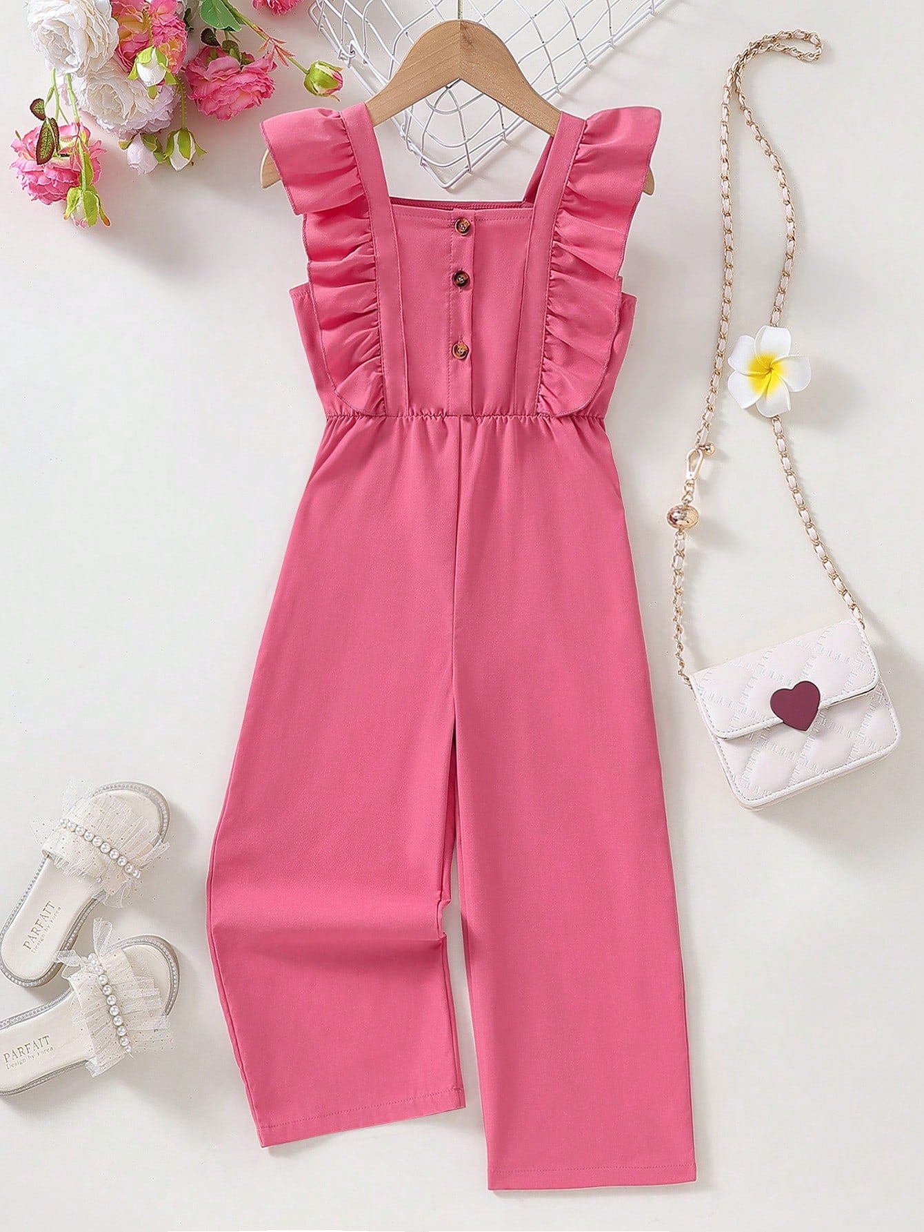 Young Girls' Ruffle Decorated Button Up Half-Placket Jumpsuit