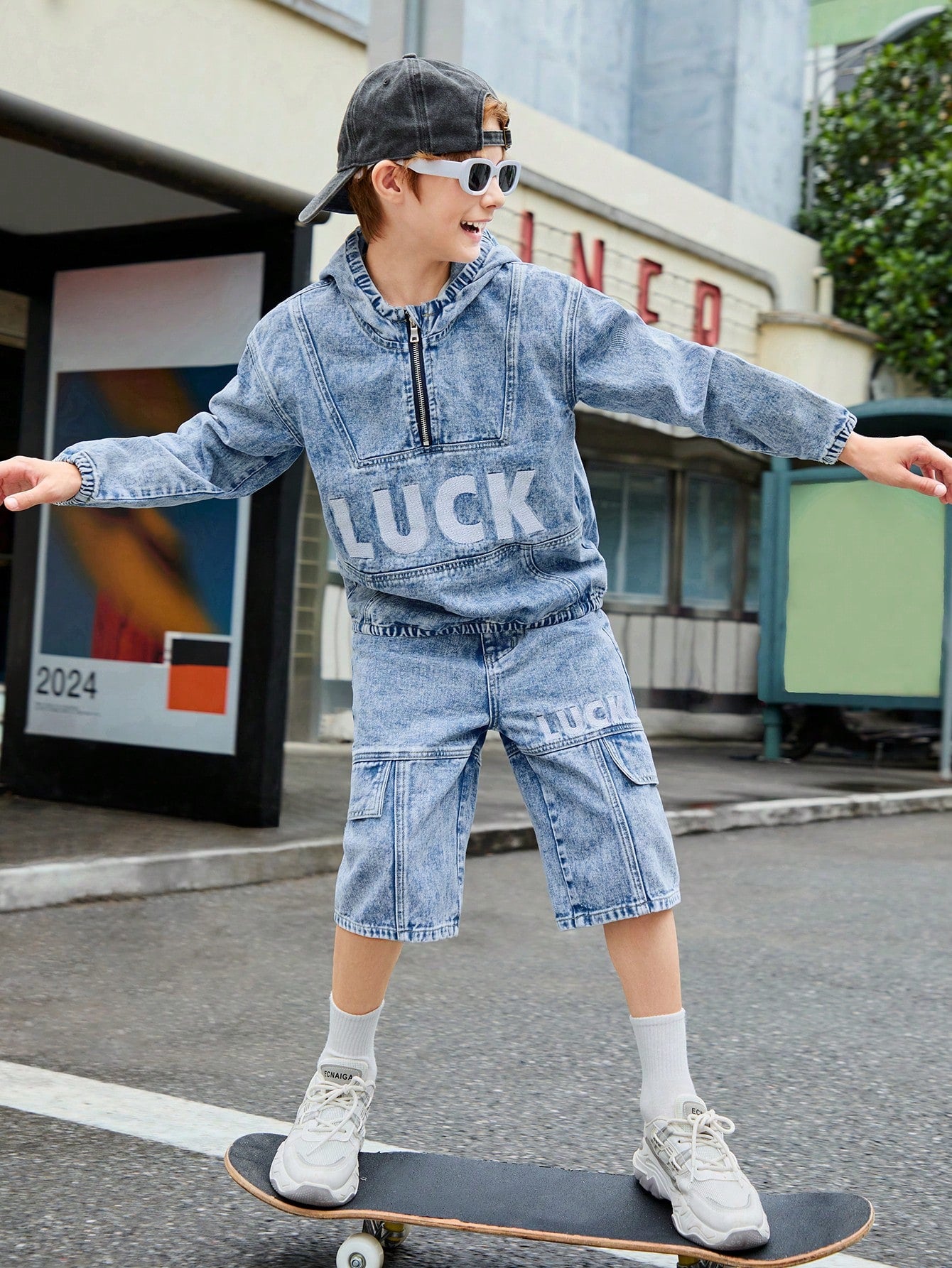 Teenage Boys' Y2K Style Medium Wash Blue Embroidered Denim Hooded Top And Denim Shorts Set