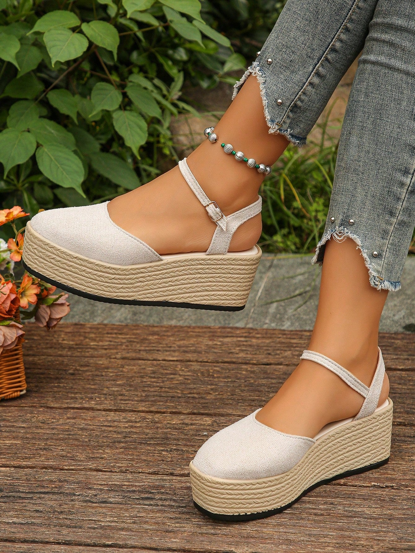 Women's Ankle Strap Shoes With -Rope Style Bottom, High Waterproof Platform Wedge Heel Thick-Sole Shoes For Casual/Travel/Vacation, Beige Color, Summer/Autumn