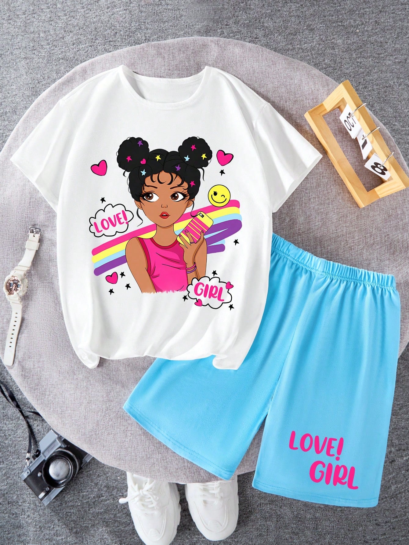 Teen Girl Character Print Simple Round Neck Short-Sleeved Two-Piece Set