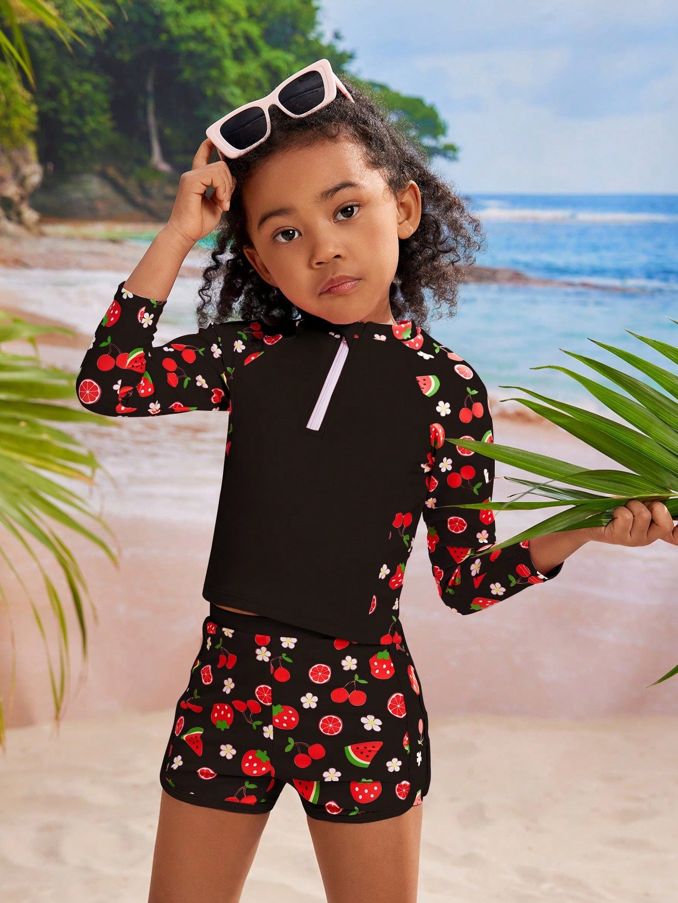 Young Girl Summer Beach Fruit And Ditsy Floral Print Raglan Sleeve Tankini Swimsuit