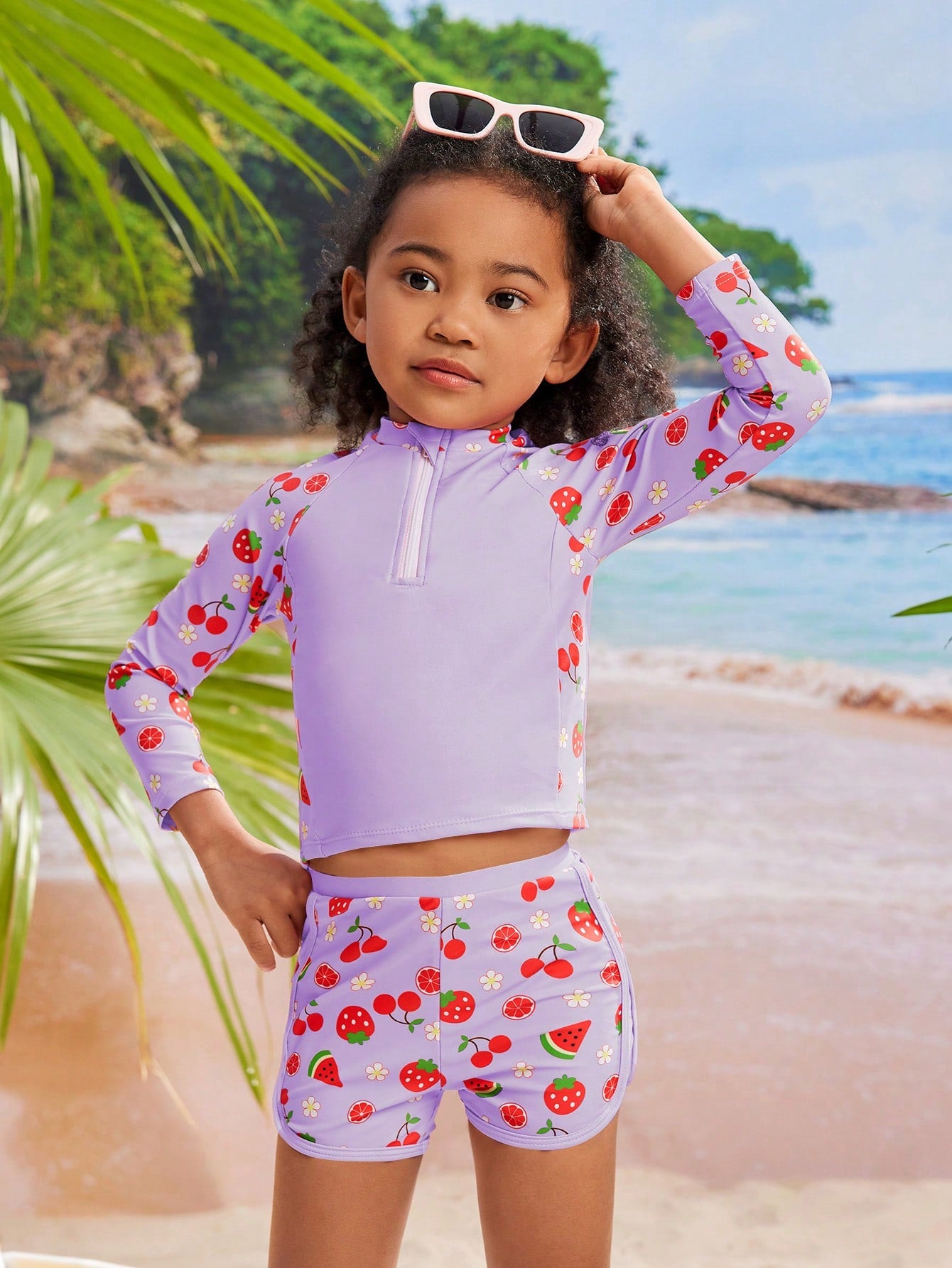 Young Girl Summer Beach Fruit And Ditsy Floral Print Raglan Sleeve Tankini Swimsuit