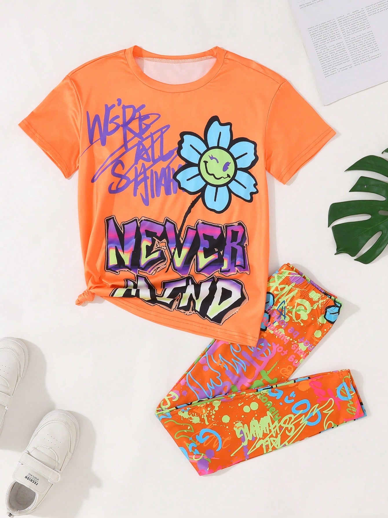 Tween Girls' Casual Street Style Letter & Floral Printed T-Shirt And Leggings Set