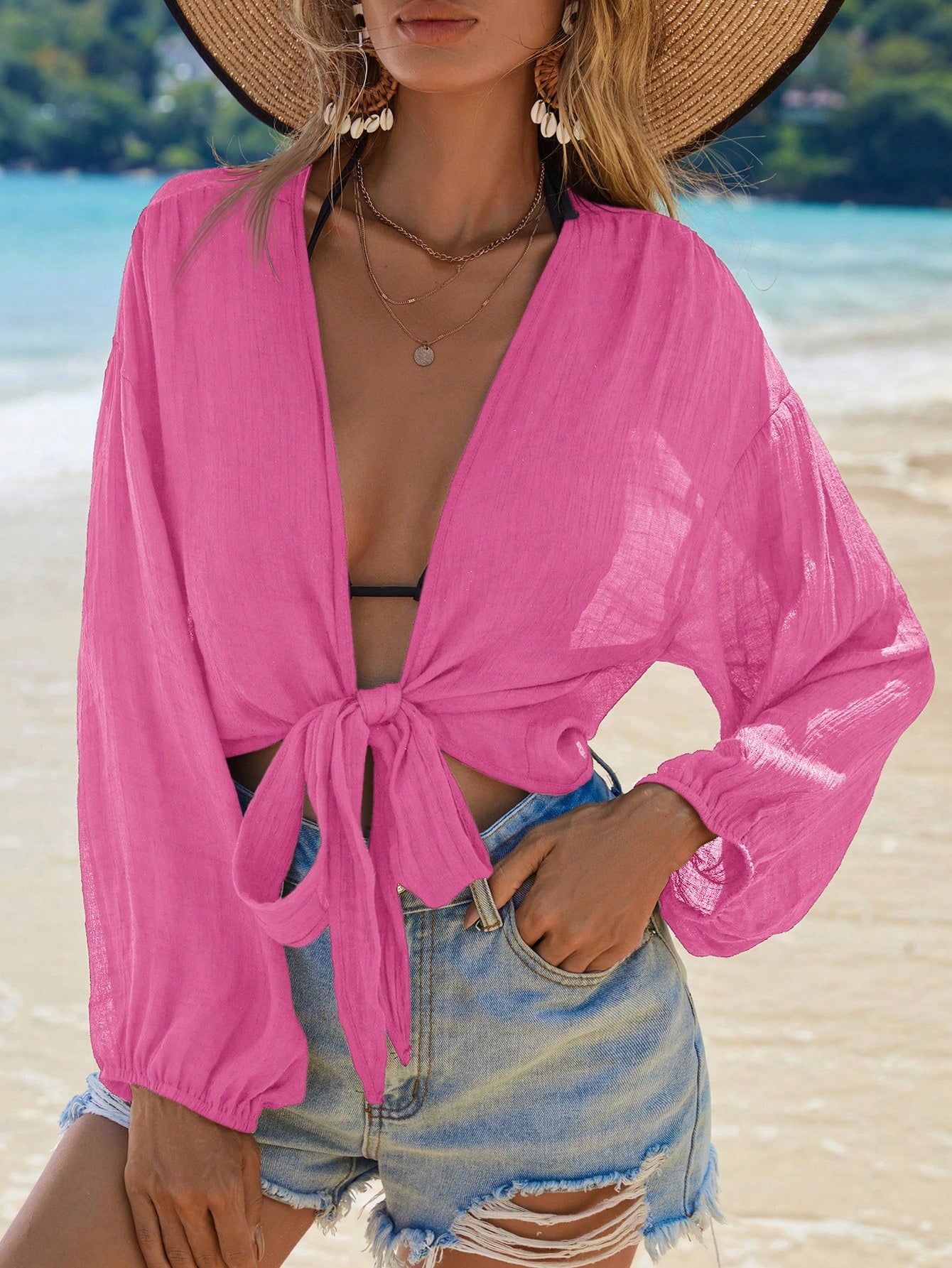 Swim Summer Beach Solid Knot Hem Bishop Sleeve Kimono