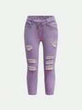 YOUNG GIRL Basic Casual Dopamine Purple Stone Wash Asymmetrical Waist Ripped Skinny Jeans For Daily Wear