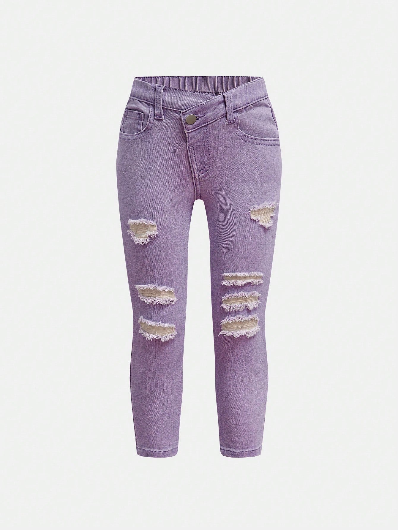 YOUNG GIRL Basic Casual Dopamine Purple Stone Wash Asymmetrical Waist Ripped Skinny Jeans For Daily Wear