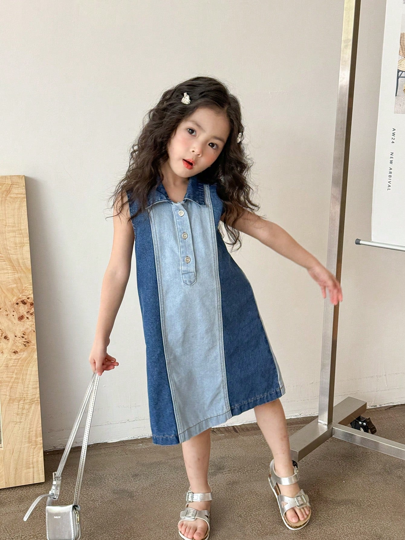 YOUNG GIRL Casual Preppy Colorblock Denim Shirt Dress