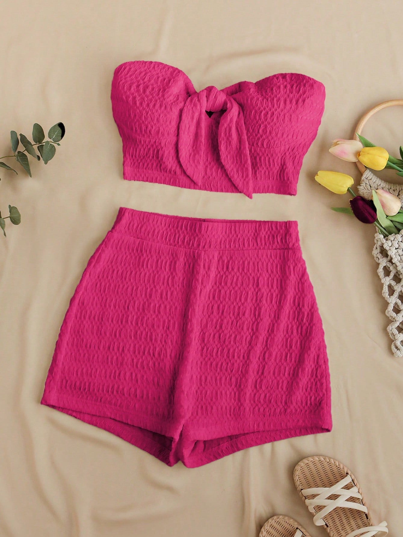 Summer Solid Color Textured Bandeau Top And High-Waisted Shorts Set