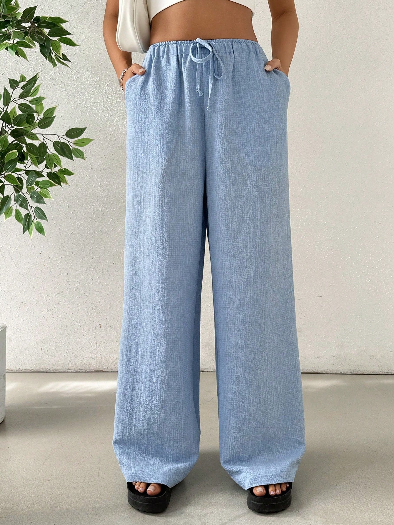 Cotton  Loose Texture Wrinkle Fabric Drawstring Waist Long Pants