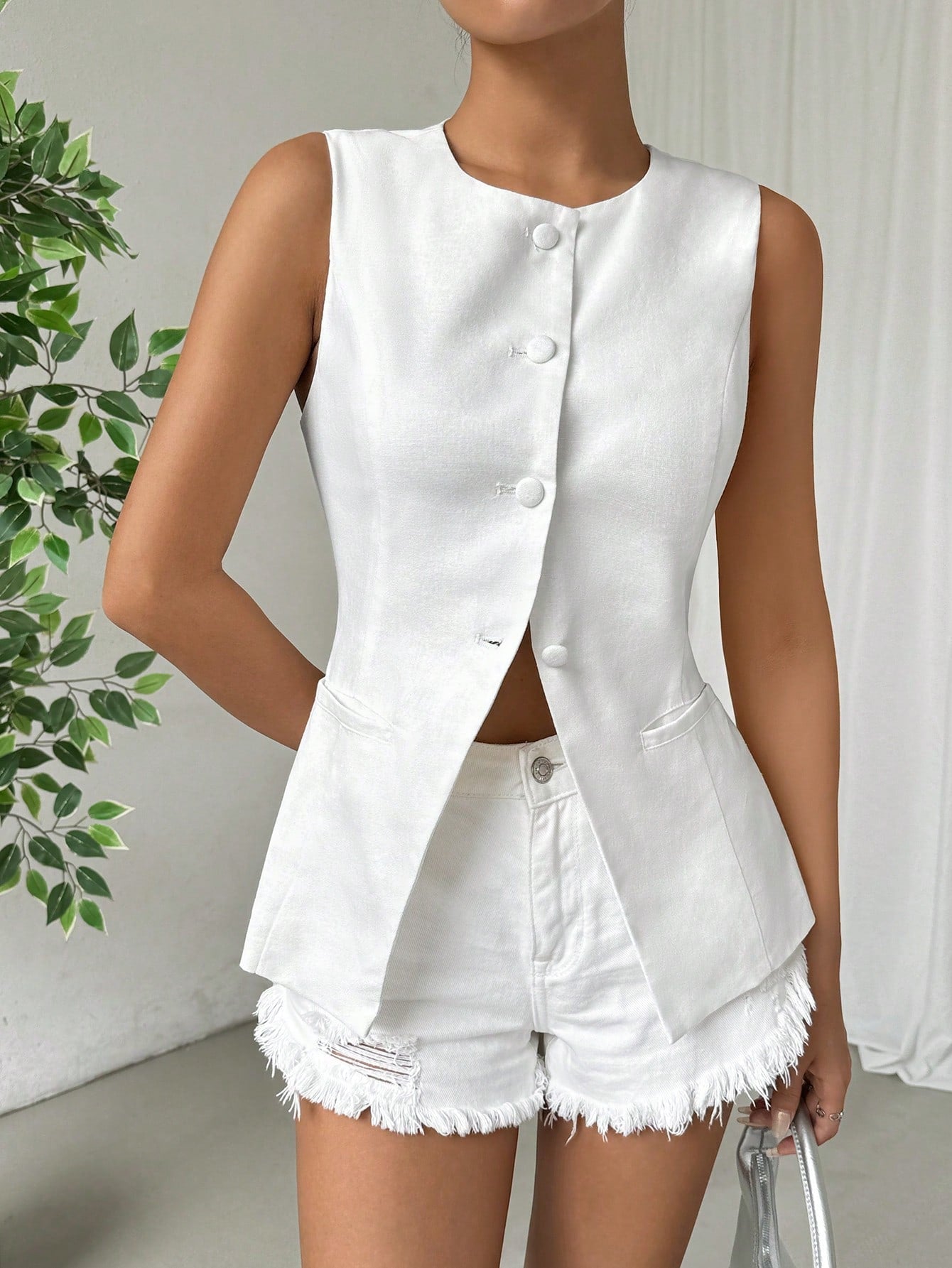 Solid Button Front Vest Blazer