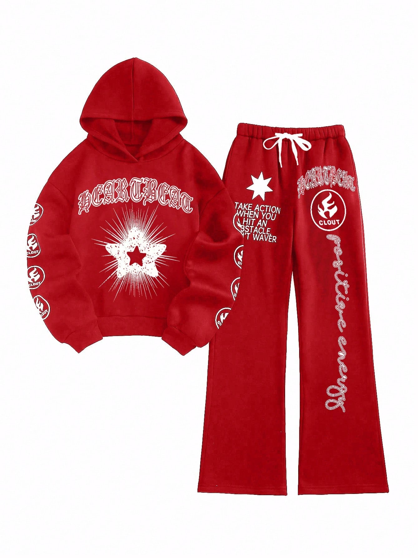 Coolane Star And Letter Printed Fleece Hoodie And Bell Bottom Pants Set