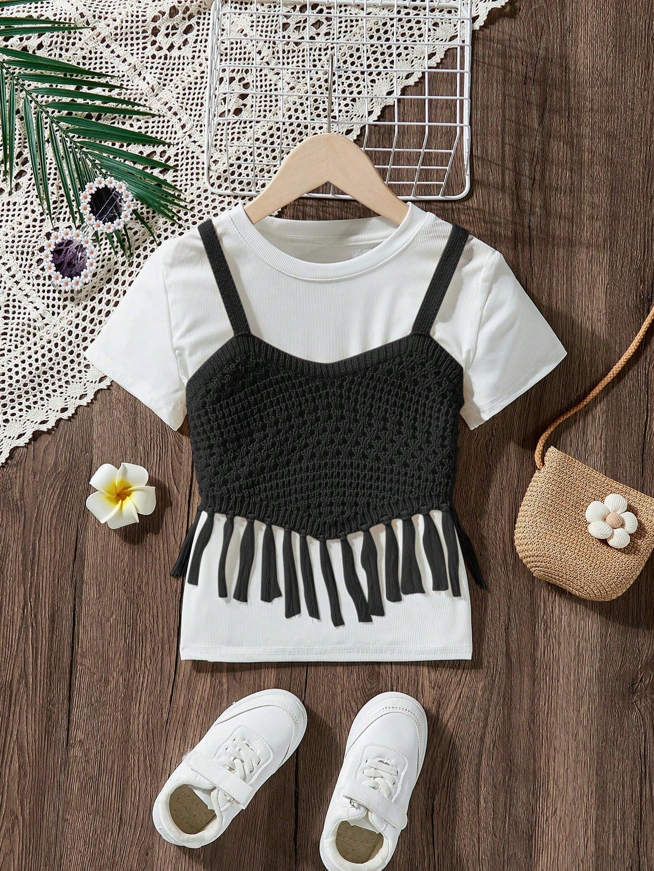 Tween Girl Holiday Knitted Sweater With Combined Crop Suspender Straps, Tassel Decoration And Irregular Hem