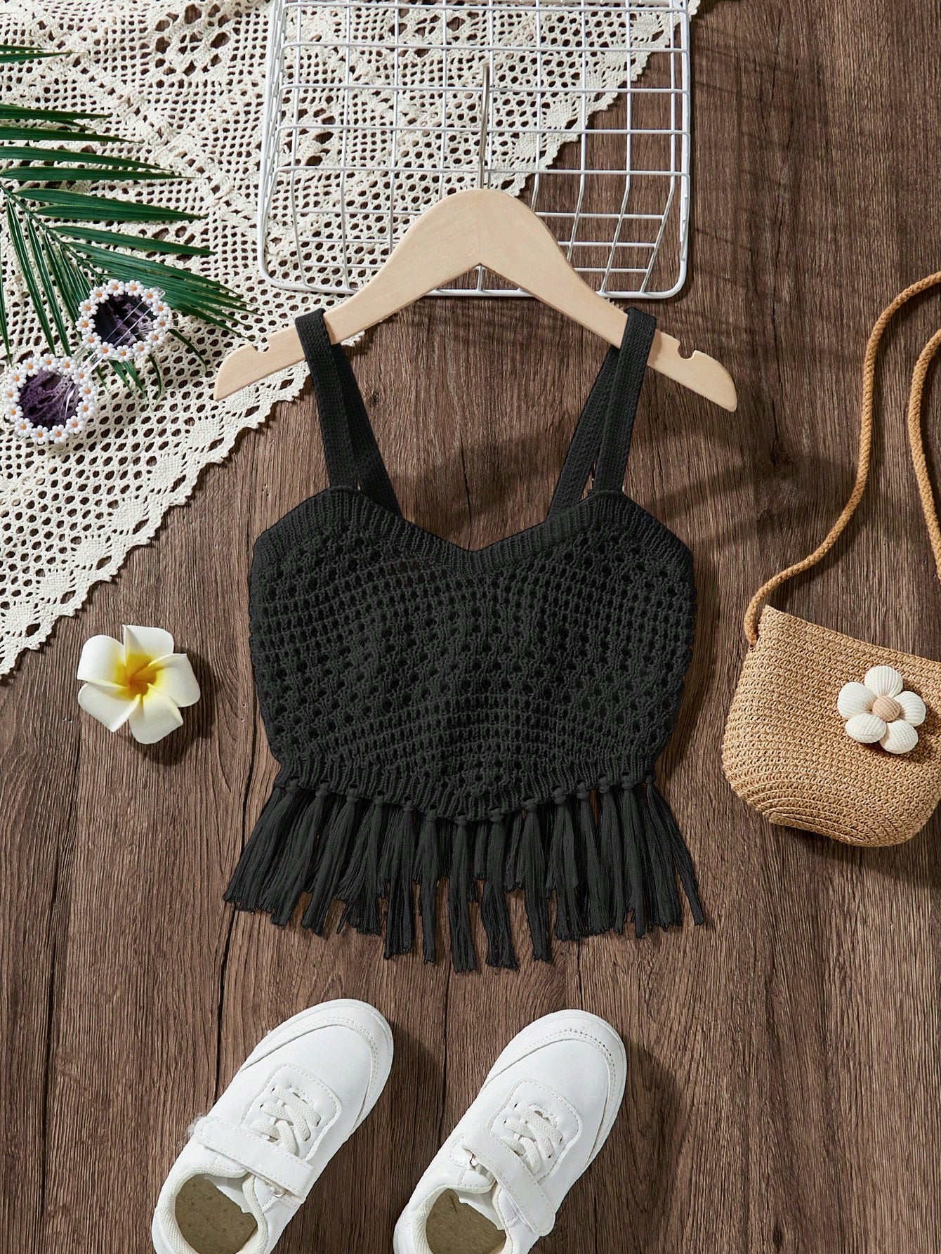 Tween Girl Holiday Knitted Sweater With Combined Crop Suspender Straps, Tassel Decoration And Irregular Hem