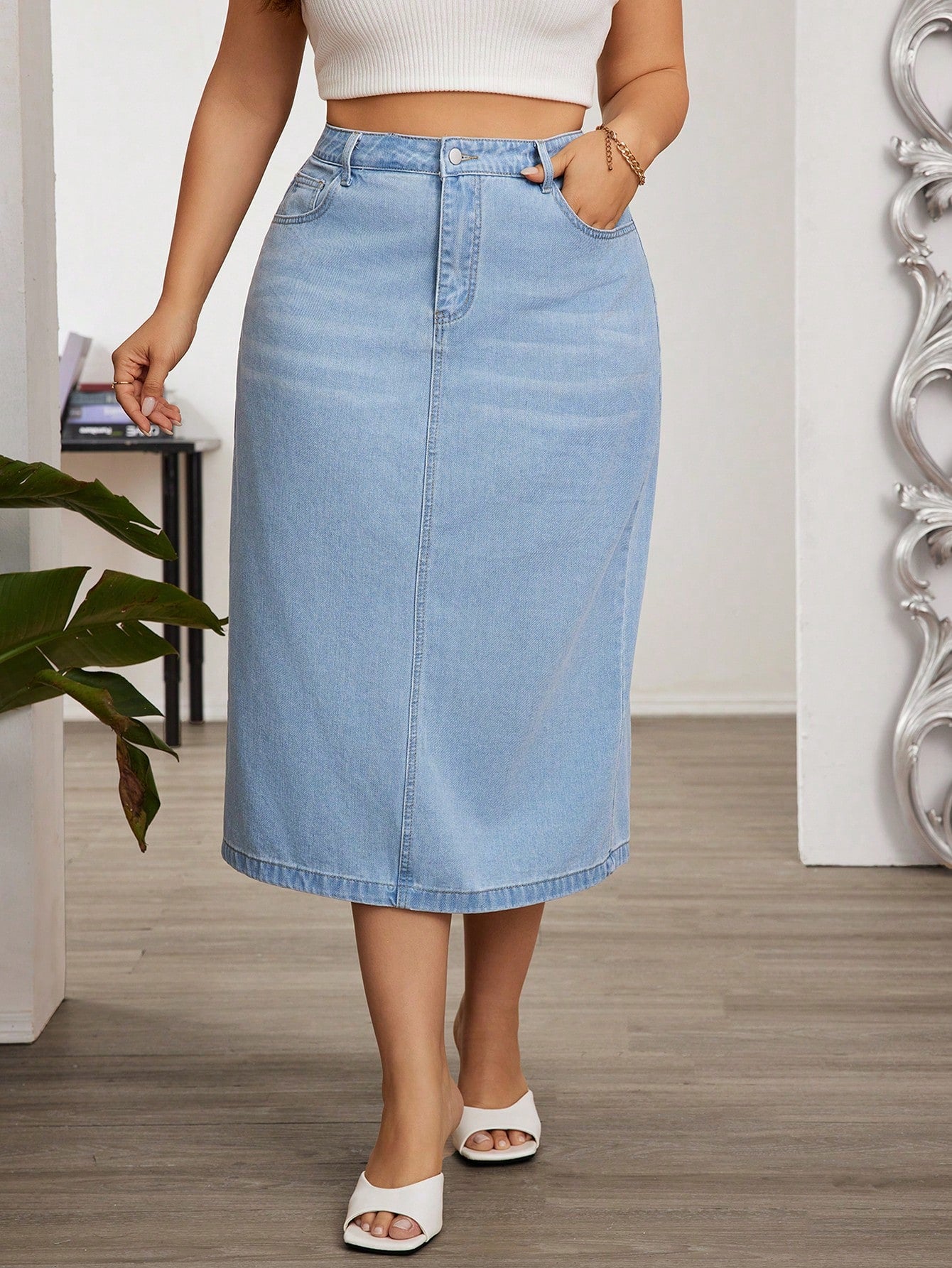 Plus Size Denim Slit Mid-Length Skirt