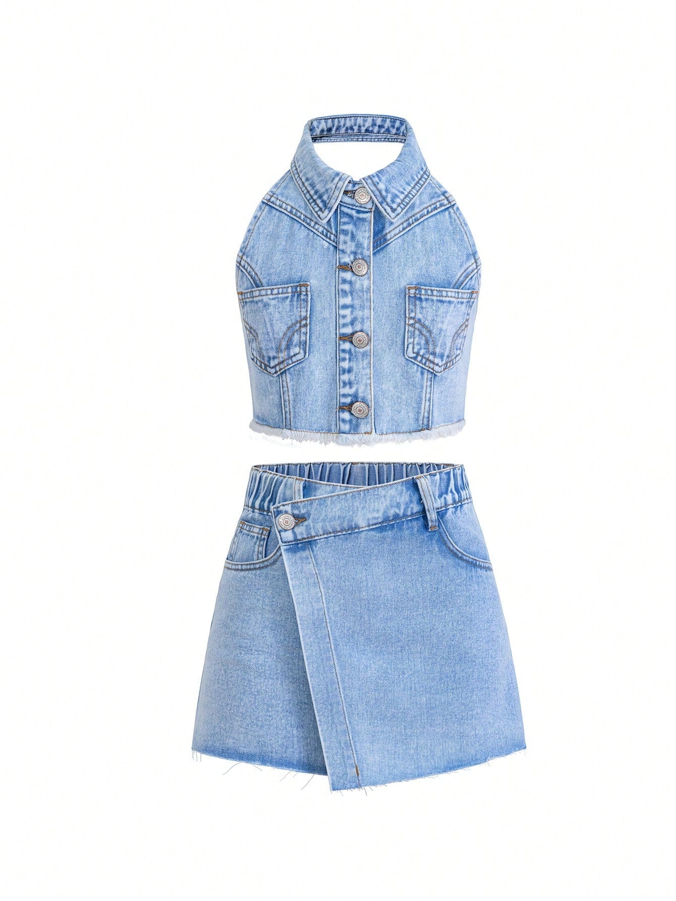 Streecool Kids Tween Girl Fashionable Casual Sleeveless Denim Vest With Halter & Pocket And Denim Shorts Set