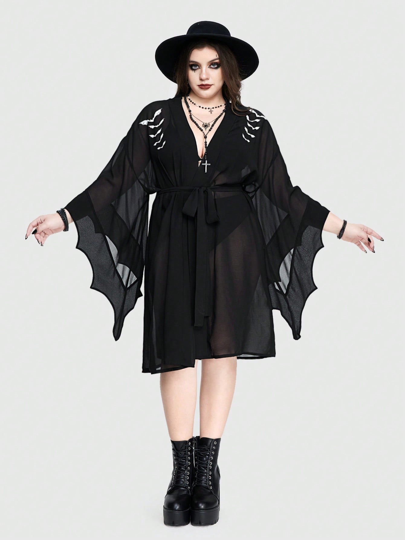 Goth Plus Size Gothic Summer Holiday Style Bat Printed Oversized Coat, Batwing Sleeve And Sheer Jacket