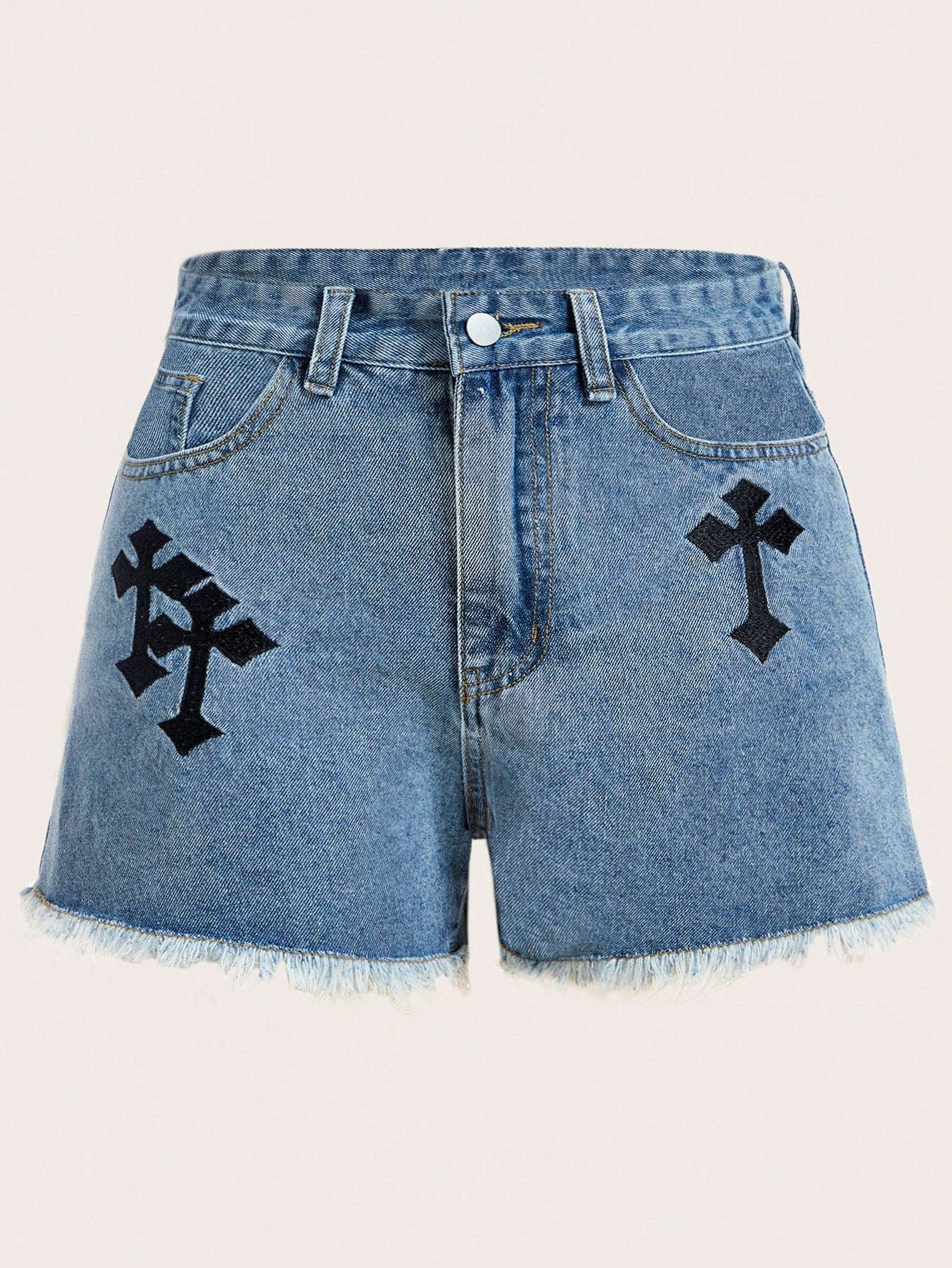 Punk All-Match Punk Style Plus Size Women's Denim Shorts With Frayed Hem And Cross Embroidery