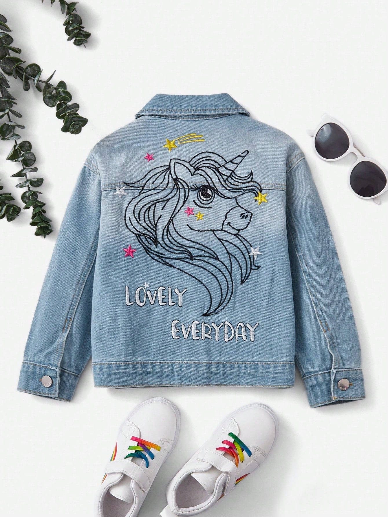 Streecool Kids Young Girl Vacation Style Casual Cute Embroidered Unicorn Denim Jacket