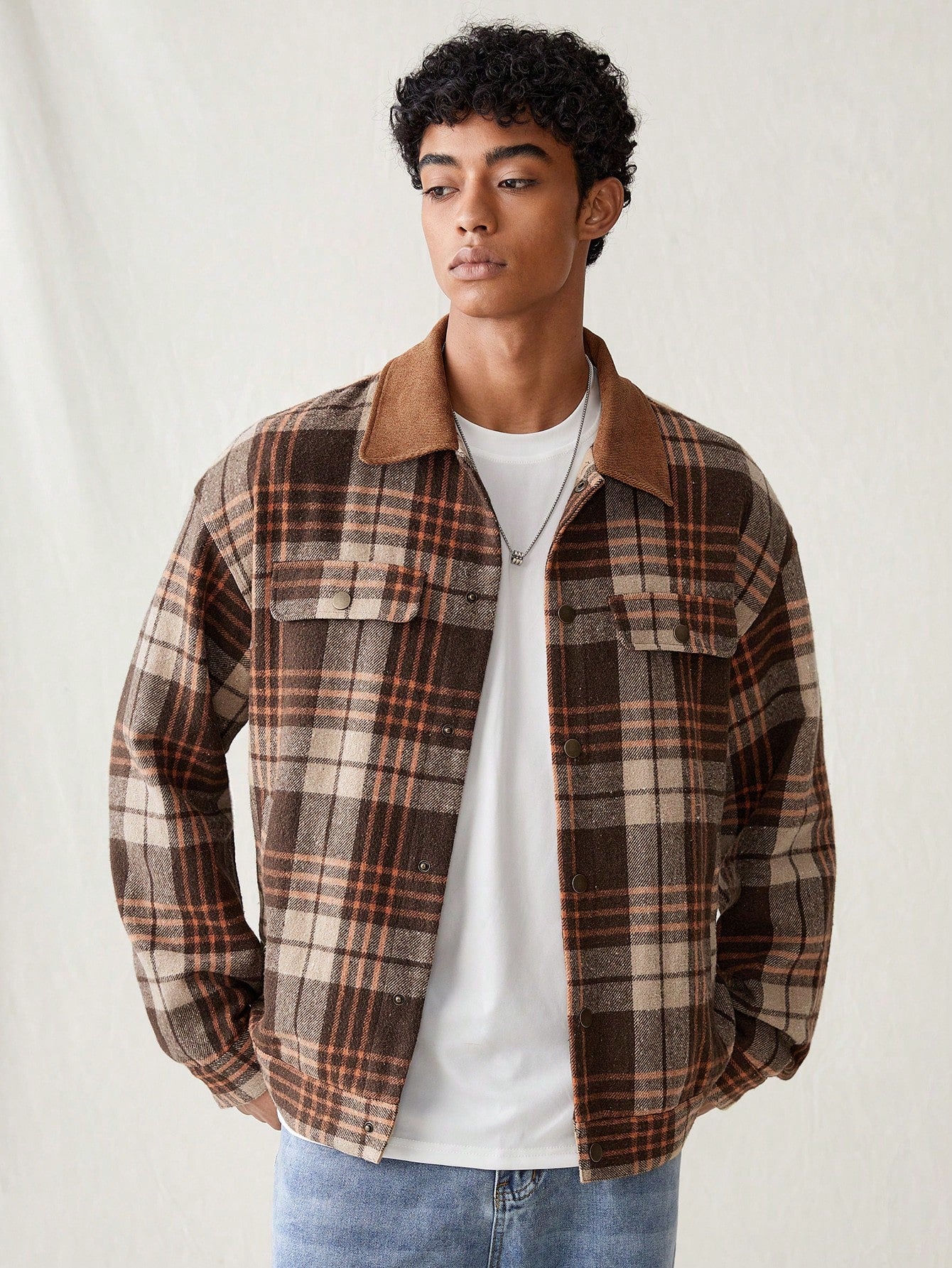 Men's Woven Plaid Patchwork Loose Fit Long Sleeve Open Front Woolen Jacket For Fashionable And Casual Everyday Wear